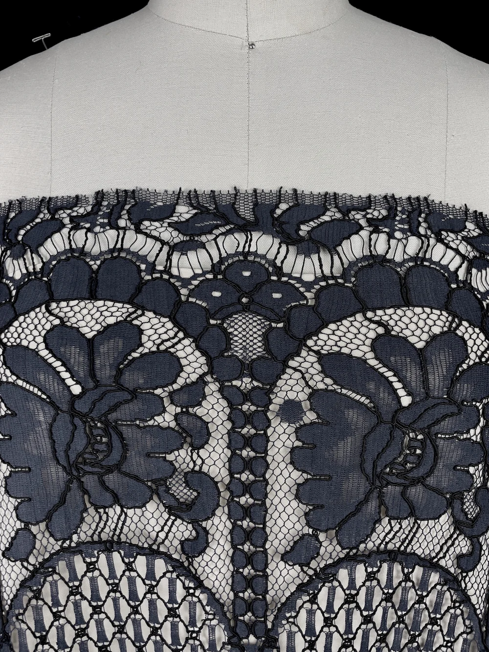 Navy French Floral Border Design Lace  Mendel Goldberg Fabrics NYC