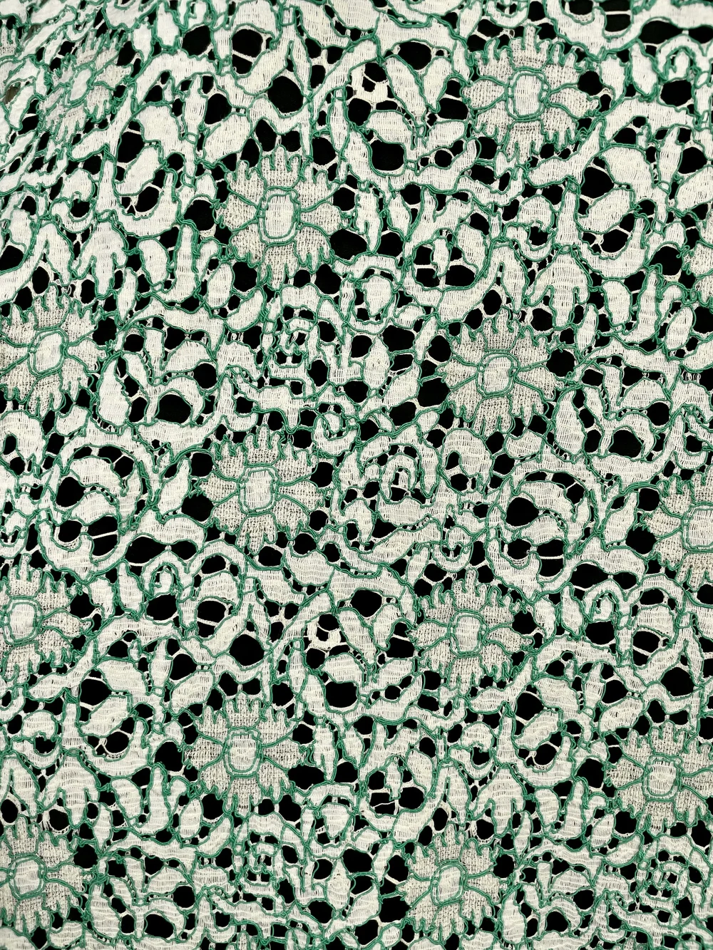French Cream White/ Green Chorded Lace  Mendel Goldberg Fabrics NYC