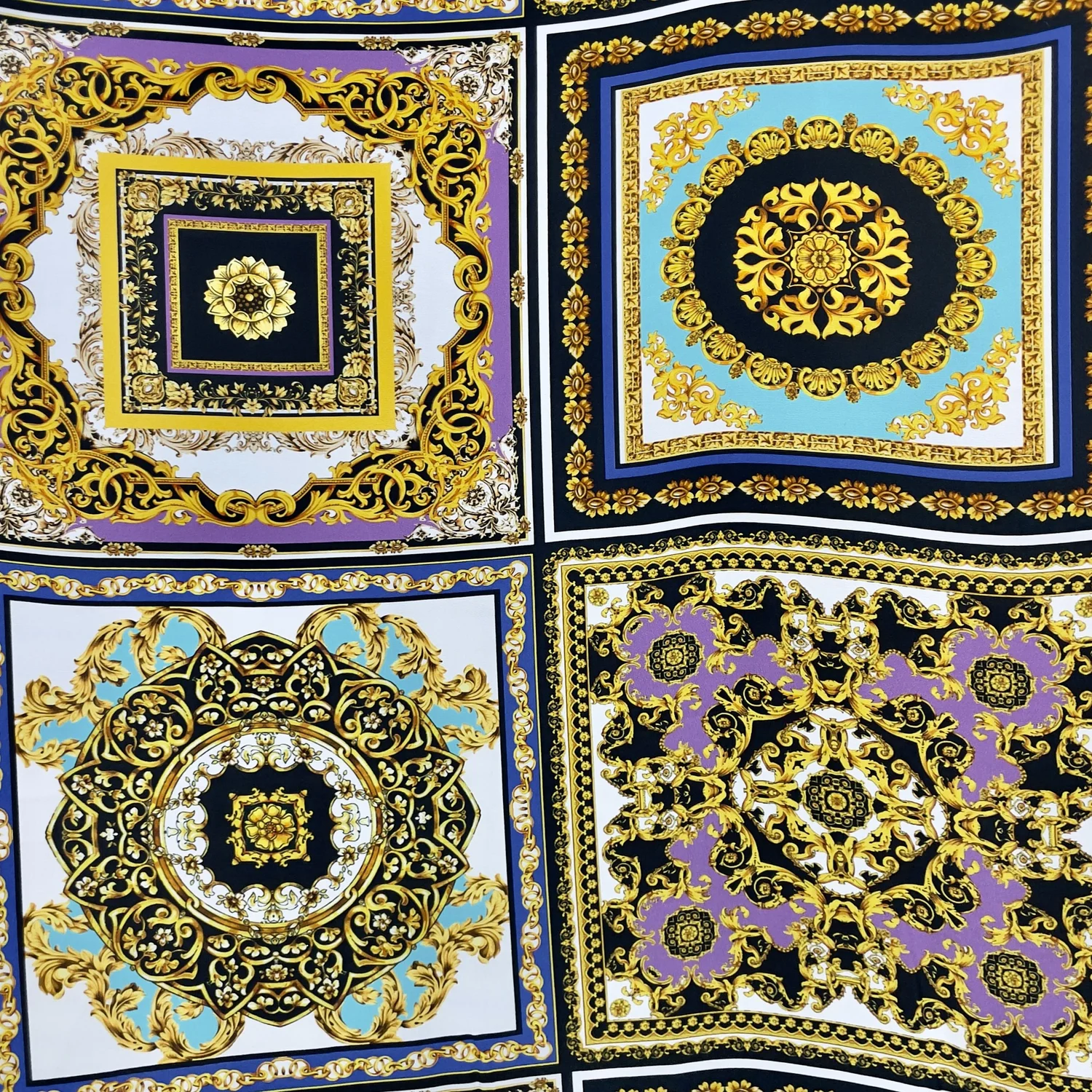 White/ Gold/ Pink/ Blue Versace Printed Heavy Crepe De Chine  Mendel  Goldberg Fabrics NYC