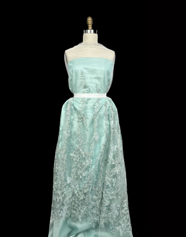 SEAFOAM GREEN/ Silver Embroidery on Tulle  Mendel Goldberg Fabrics NYC