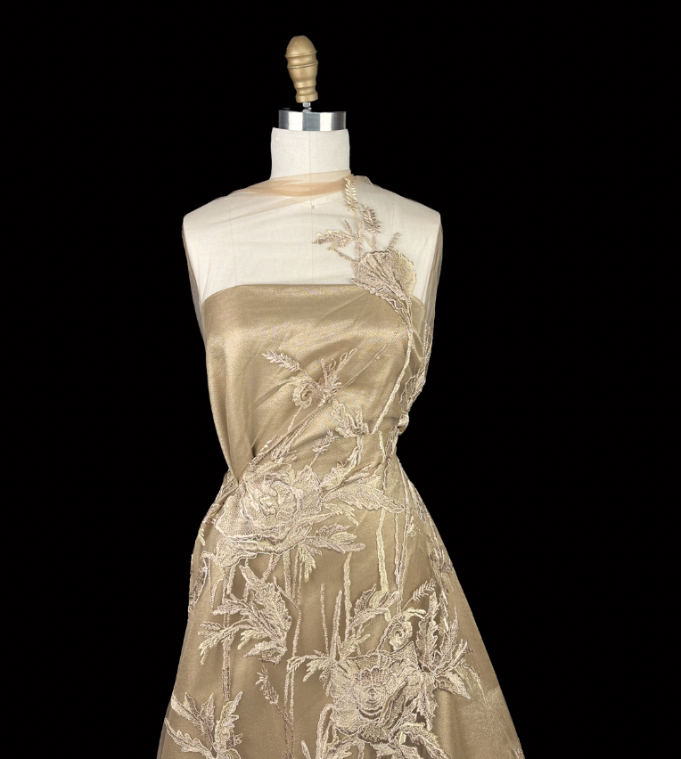 Nude Tulle Embroidered with Gold/ Rose Gold Flowers — Mendel Goldberg Fabrics NYC