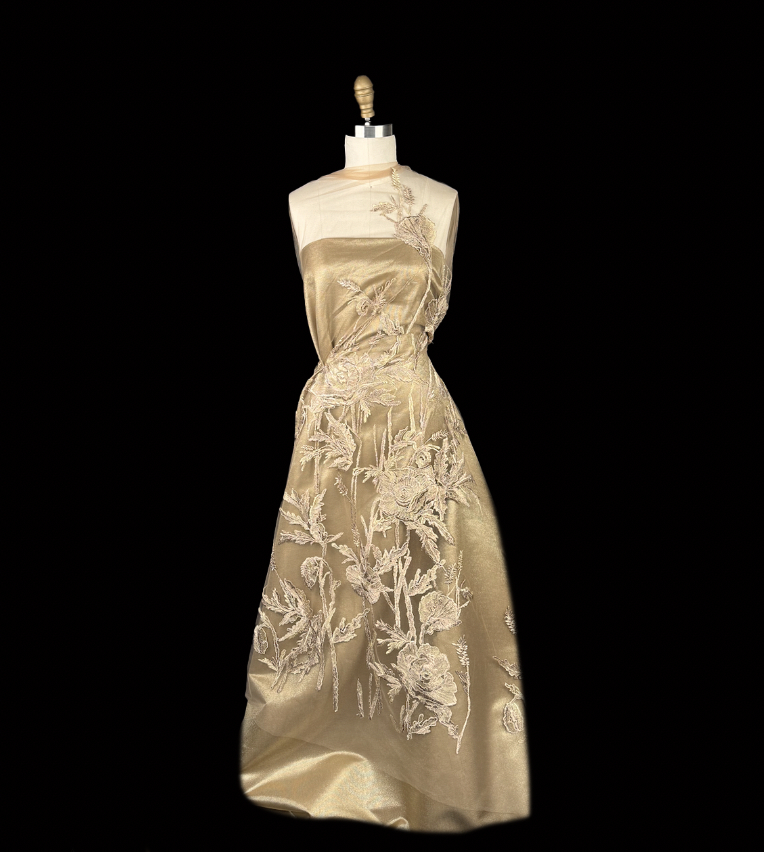 Nude Tulle Embroidered with Gold/ Rose Gold Flowers  Mendel Goldberg  Fabrics NYC