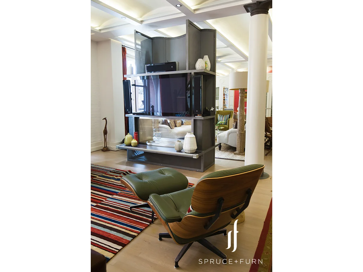 Tribeca Loft Living Room - Entertainment Center | Design by: Spruce + Furn | Photo: Steph Goralnick