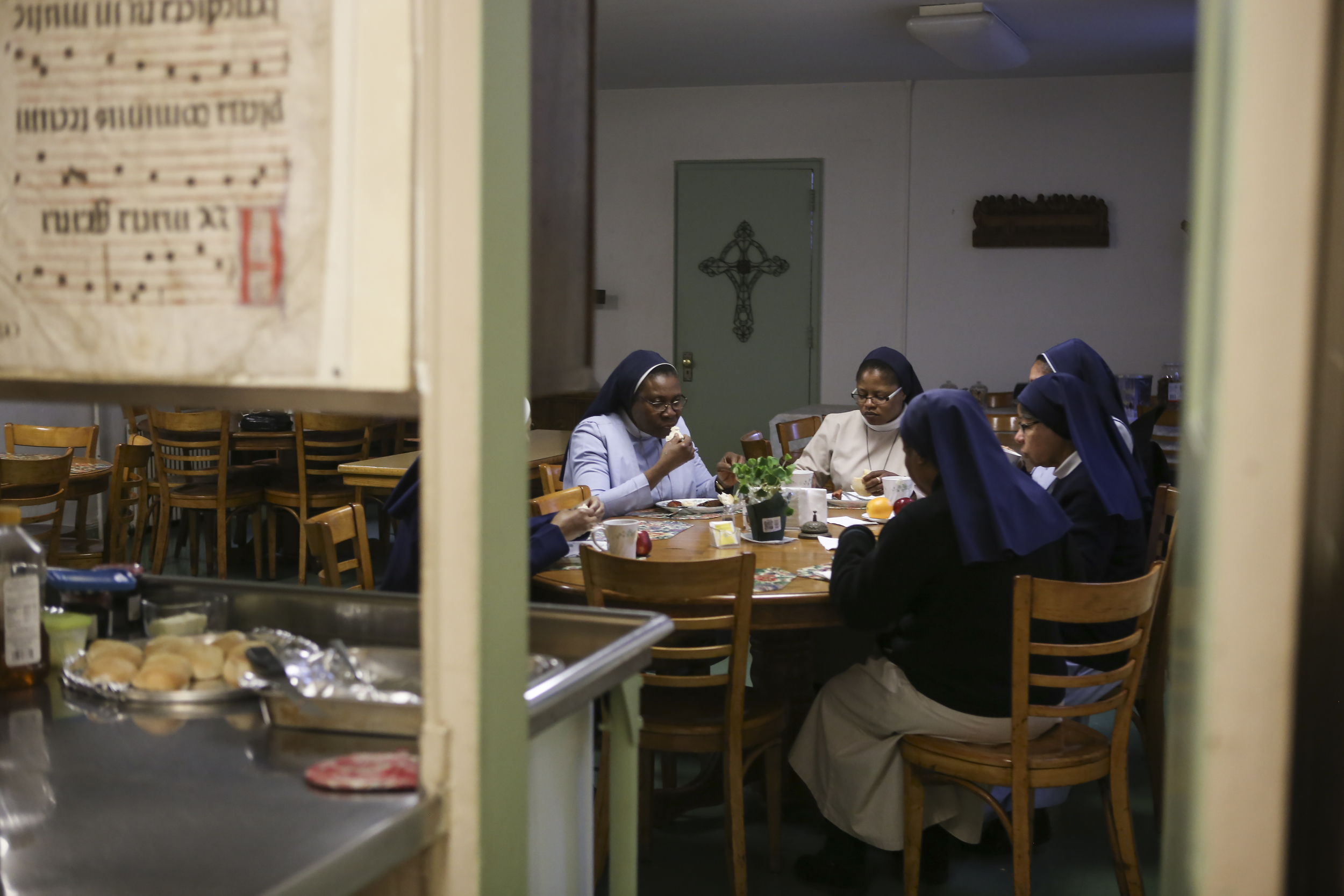 The sisters gathered together for breakfast at the mother house before attending church on Sunday.
