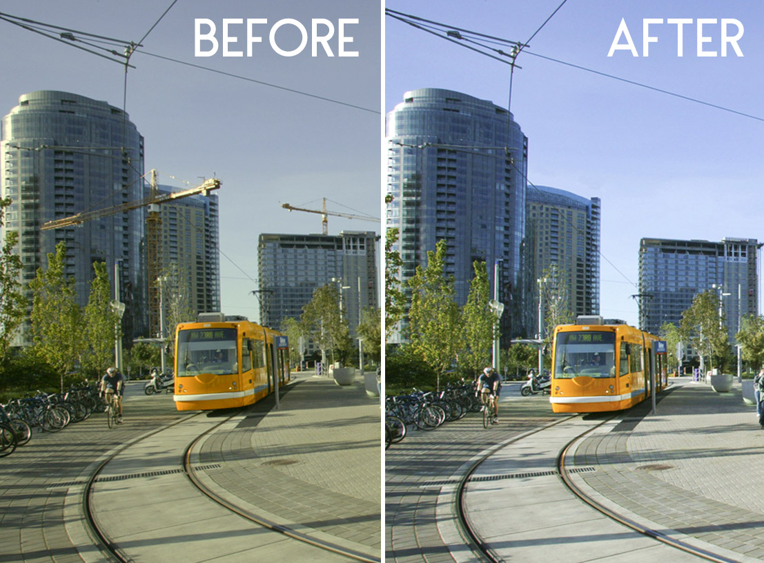 Digital removal of two construction cranes and color correction. Photoshop editing can help with the removal of any distracting items.