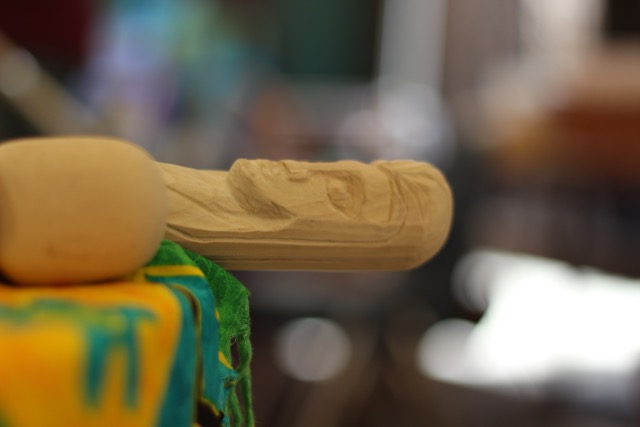 A close up of the top of Sandee's walking stick.
