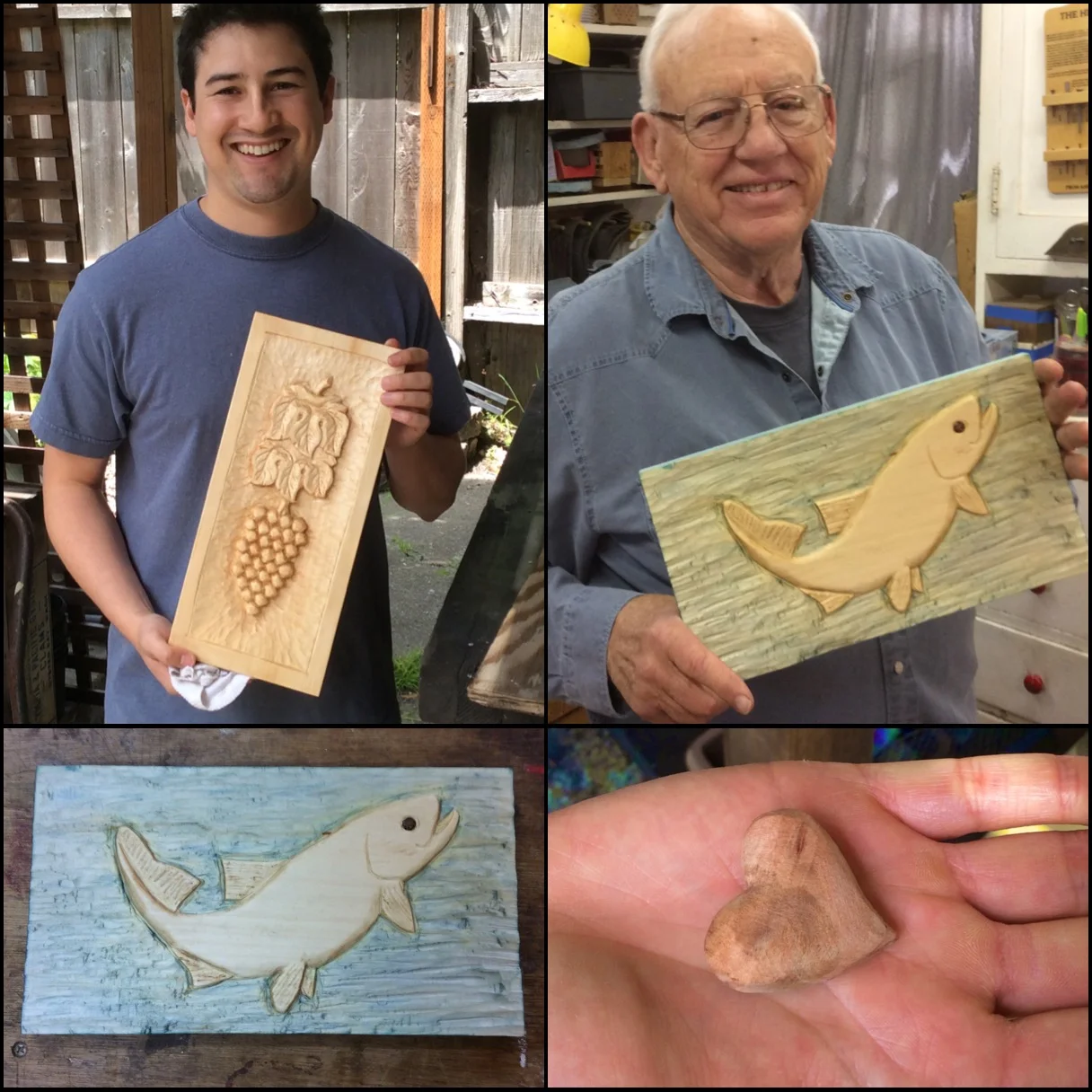 Angel finished his Grapes and Leaves and a sweet little exotic wood heart for his very soon to be wife. Congratulations! Art finished his trout carving. The low relief basswood fish was smoothed and the background left with a tooled texture and then colored with diluted antique writing ink to get a cool watery background. 