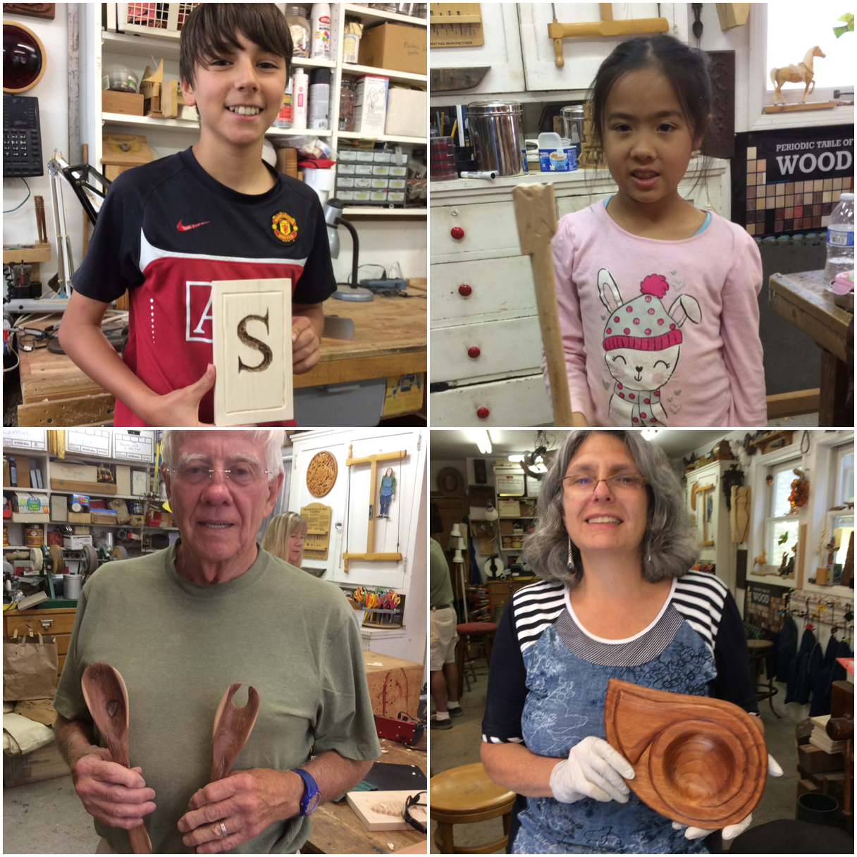 More completed projects. Jasper, (Simon's visiting cousin) completed a incised and wood burned letter. Amelia shows off her Pterodactyl walking stick carved from alder. Dave completed these lovely salad tongs from a log of Chinese elm he saved from the fire wood pile. Good save Dave. Tracy completed and put finish on her French Horn inspired Cherrywood bowl. 