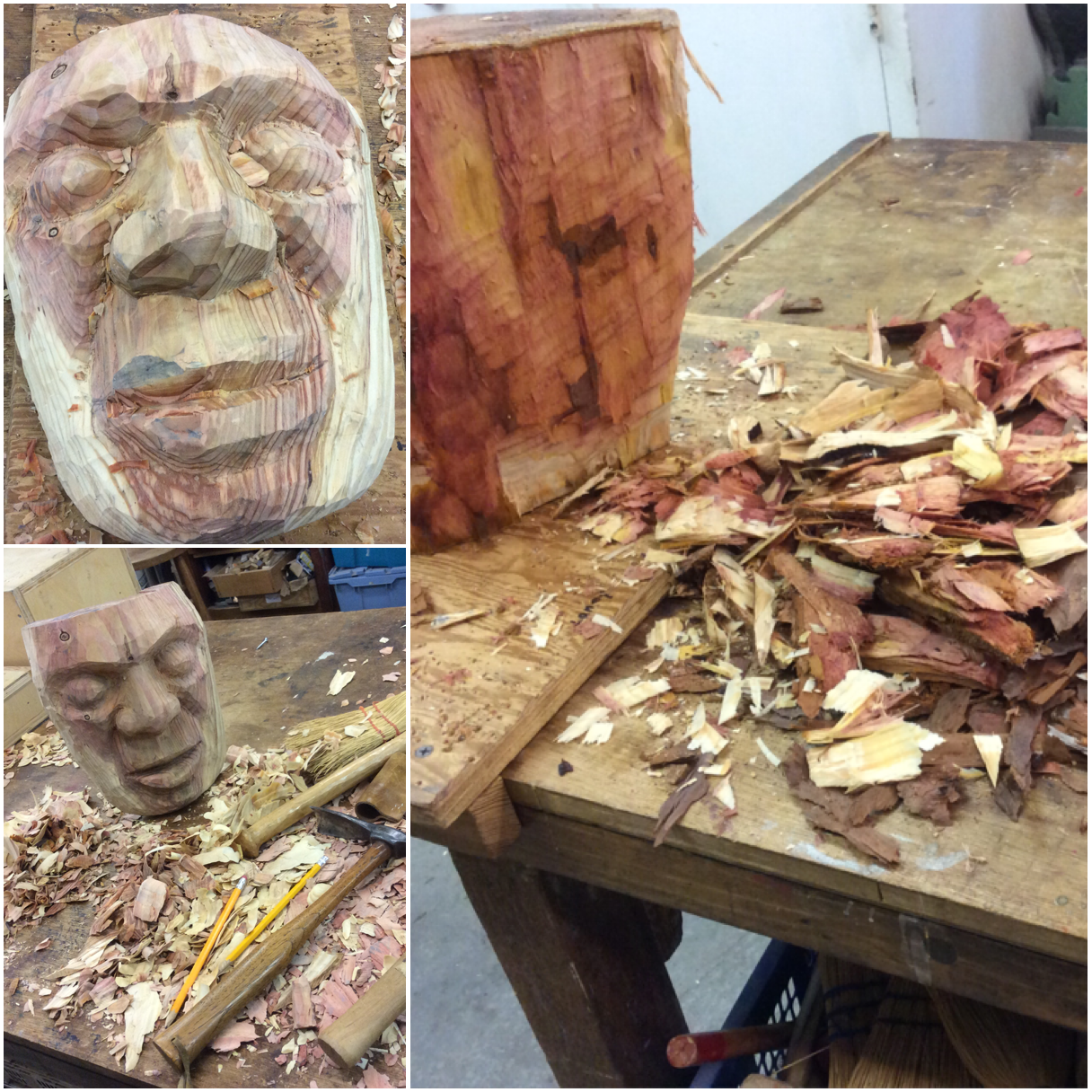 I have been using some of my Balinese mask carving skills and trying out carving some green wood for a mask. I got this wood from my friend Susan Koenig from a large tree branch she had to remove. It was quite wet and easy to rough out. 