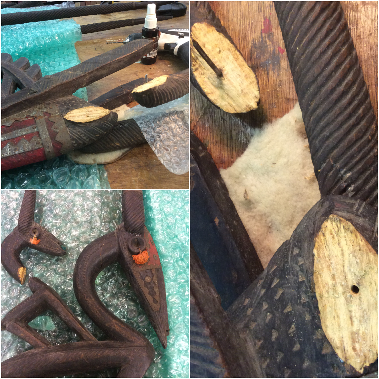 These two really old African pieces came into the studio for repair last week. I was so honored to be trusted to do the work. On the Male headpiece it had a very old nail attaching one of the horns. I had to gently pull it apart, scrape away the old glue, cut down the nail and slightly enlarge the hole enough that the pieces could meet cleanly. The female piece had the neck of the baby broken and it was really challenging to get it back together. There was no way to clamp it. 