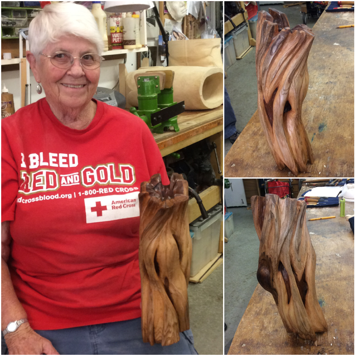 Lorraine finished up this wonderful Chinese Elm abstract piece. She used the existing cracks to guide her design. The dark heart wood is exposed in some of the creases and makes the whole piece quite dramatic. 