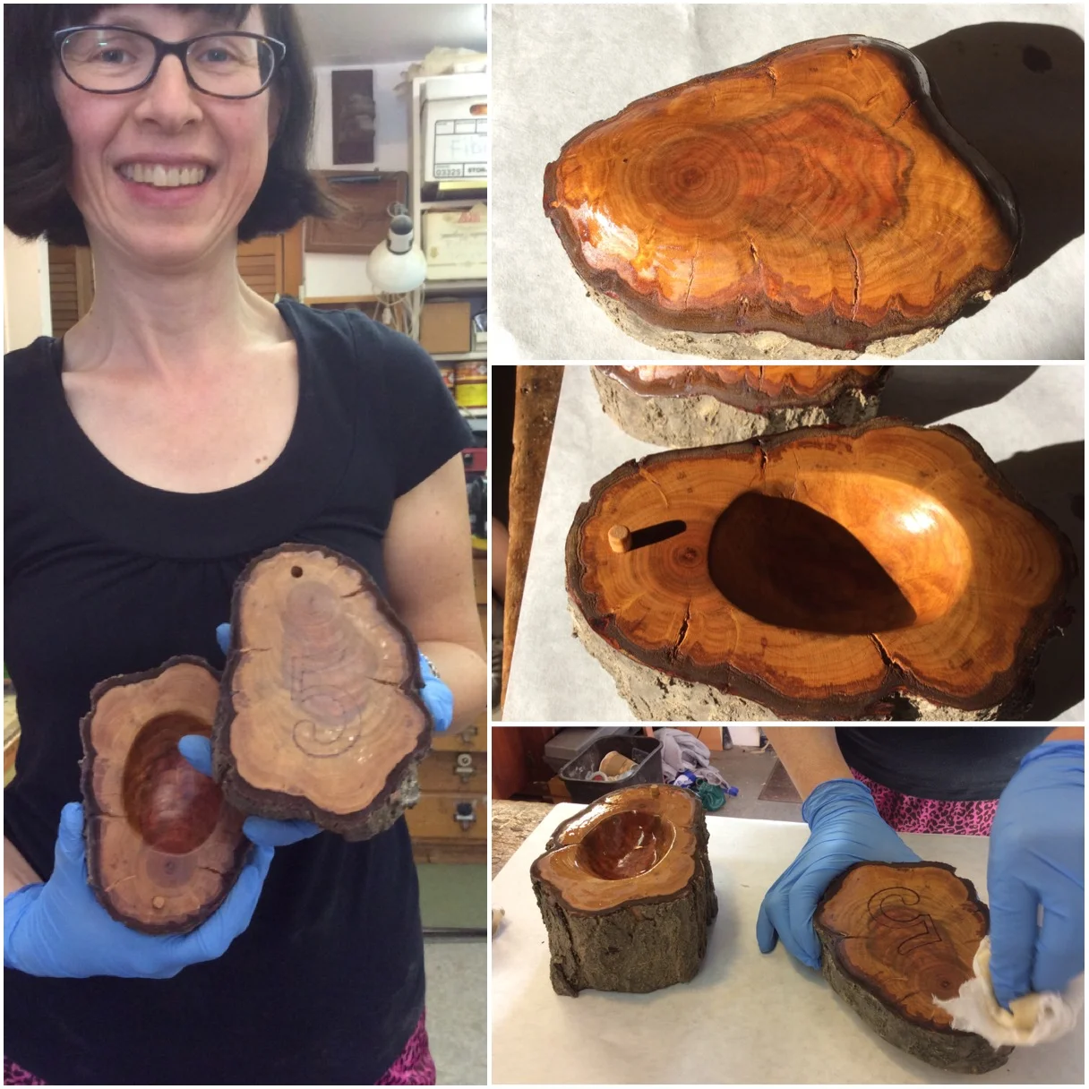Although Catherine finished this box last month it had to wait for the newsletter since it was an anniversary gift for her sweetie, Erik. This was a hand carved box from a piece of Plum wood. The top was sliced off and the bark remained. A lovely contrast to the highly polished woodgrain. 