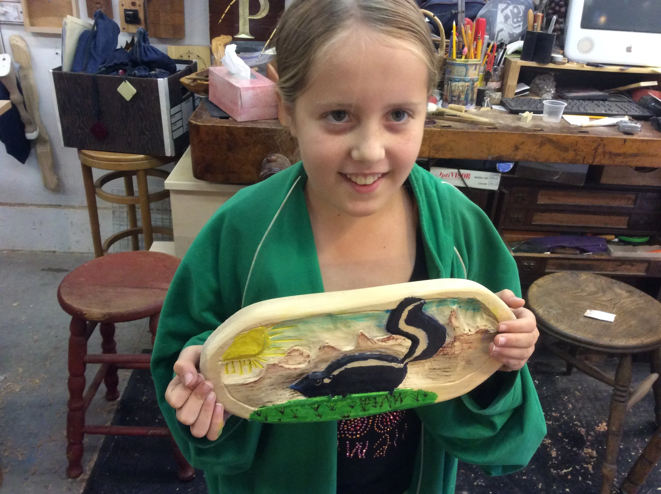 Echo carved and colored this deep relief Skunk. She did a great job coloring the piece to really accentuate the the deep carving. 