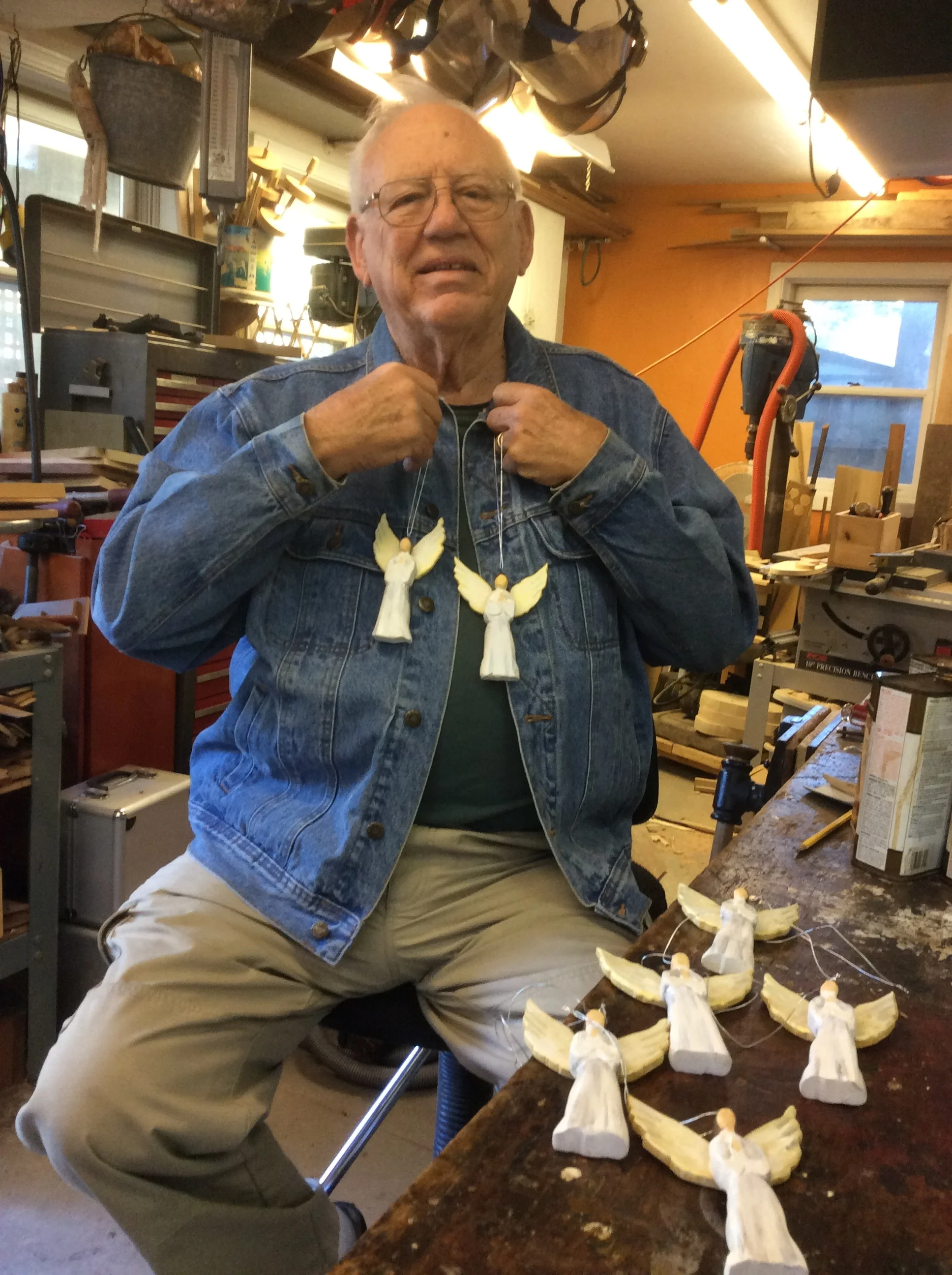 Art for the past 4 years has hand made Christmas ornaments for his grandkids. This years carved and painted angels turned out really nice. They are not overly detailed or carved and have a wonderful folk "Art" feel. Lucky Grandkids. 