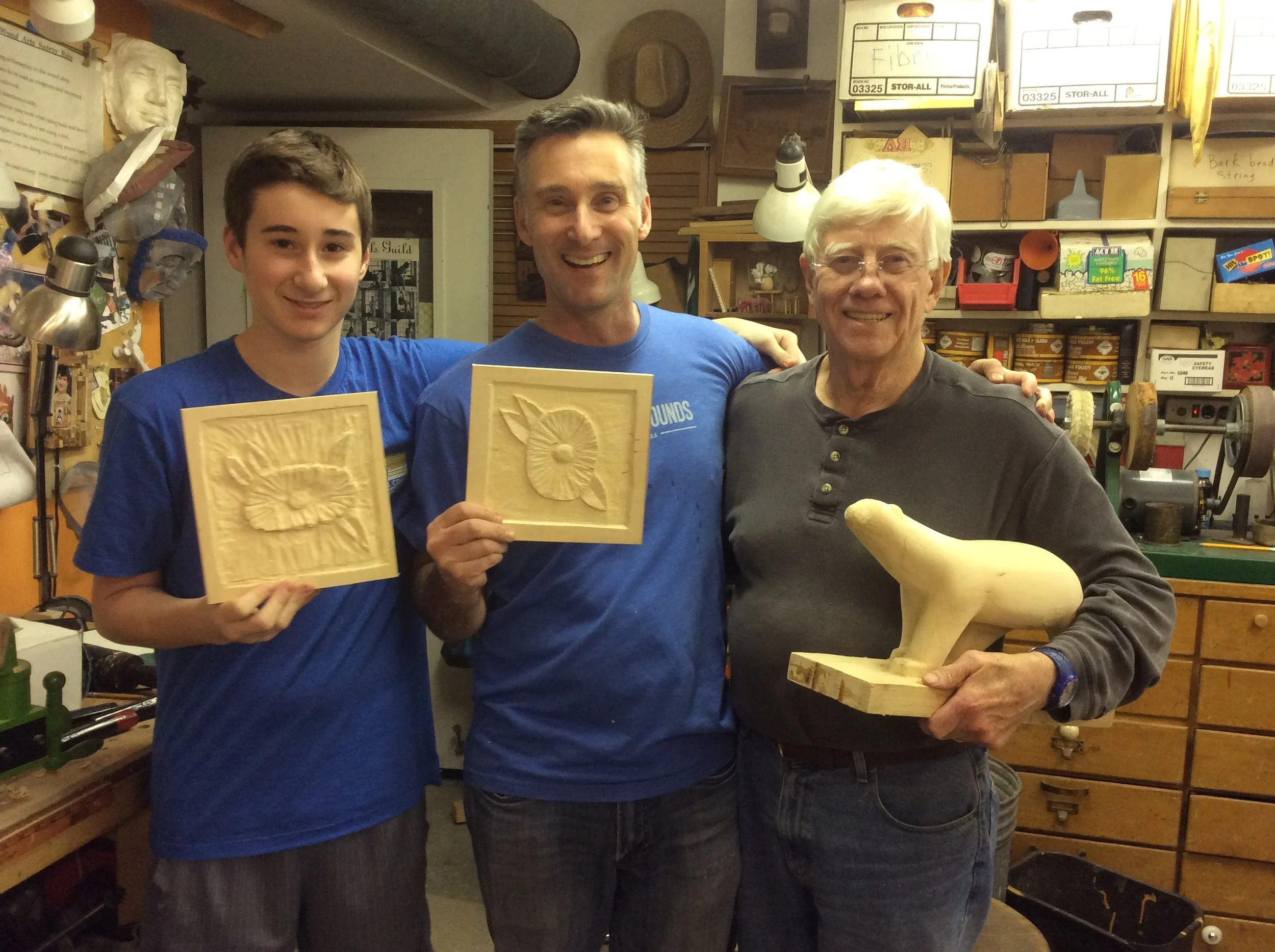 One of my favorite teaching assignments is to teach multi generations. In January Dave's wife, daughter and several female family members made the trip to DC to join the Women's march after the inauguration. While the Women folk were off marching Dave and his son Chris and Grandson Zachary joined him for the day carving. I loved having the family carving together.
