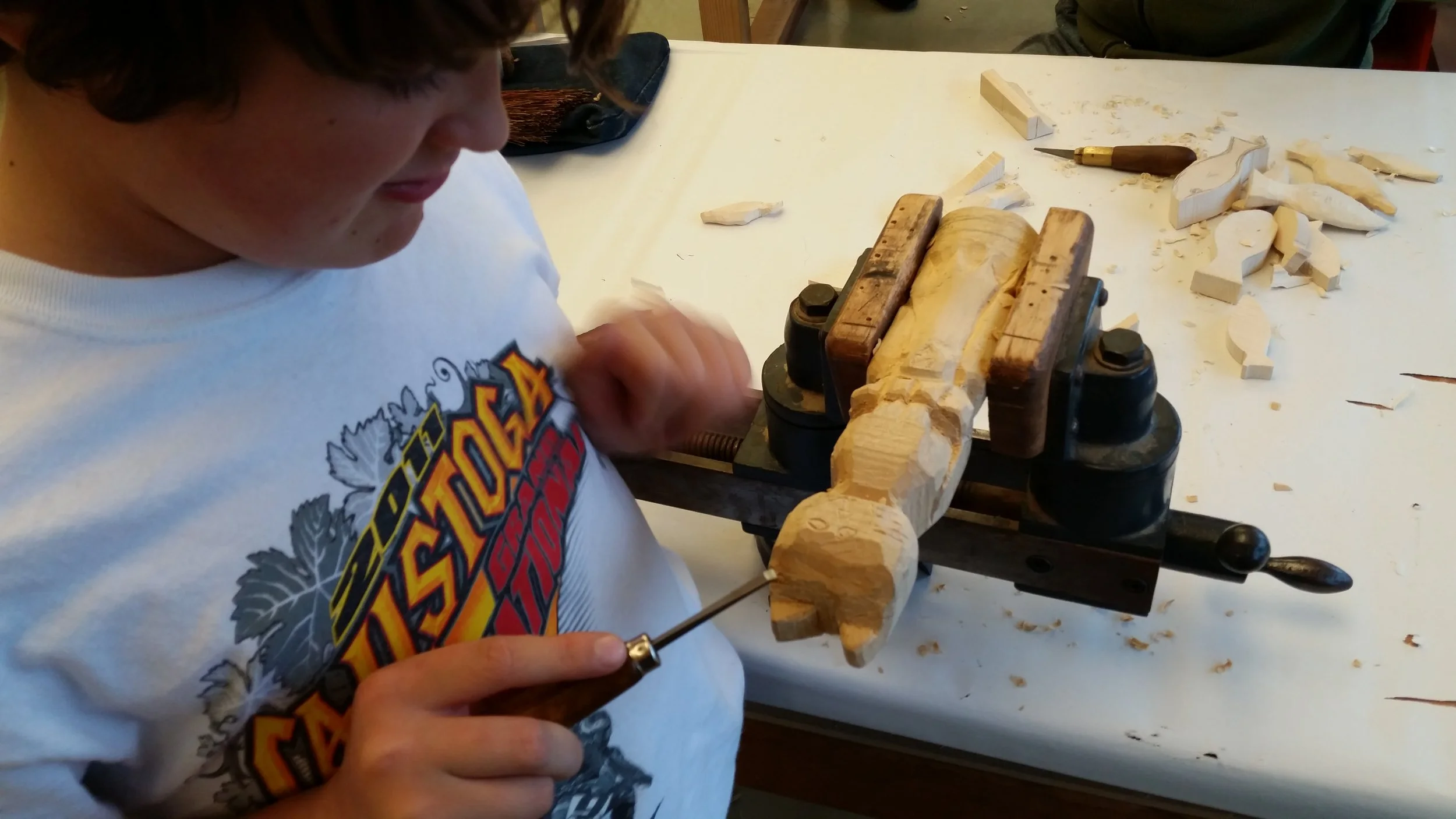 Ronan is a returning student at the Randall Kids carving class and has been working really hard on his totem/Tiki pole. I am so proud of how his skill level has just continued to increase. Good Job! It is a really challenging project. 