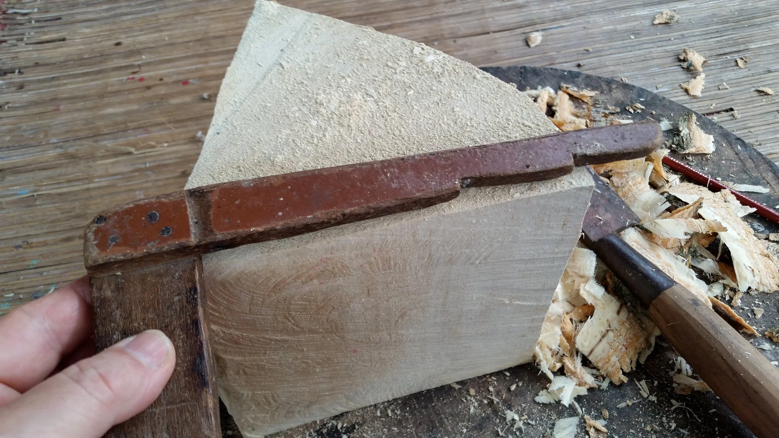 This marking tool was one that Anom Inherited from his grandfather. It is basically a notched square with the three dimensions needed for cutting out blanks for a mask. Almost all masks that are worn use these proportions with slight variations if you would want an especially long nose or extra on top for some sort of hair. 