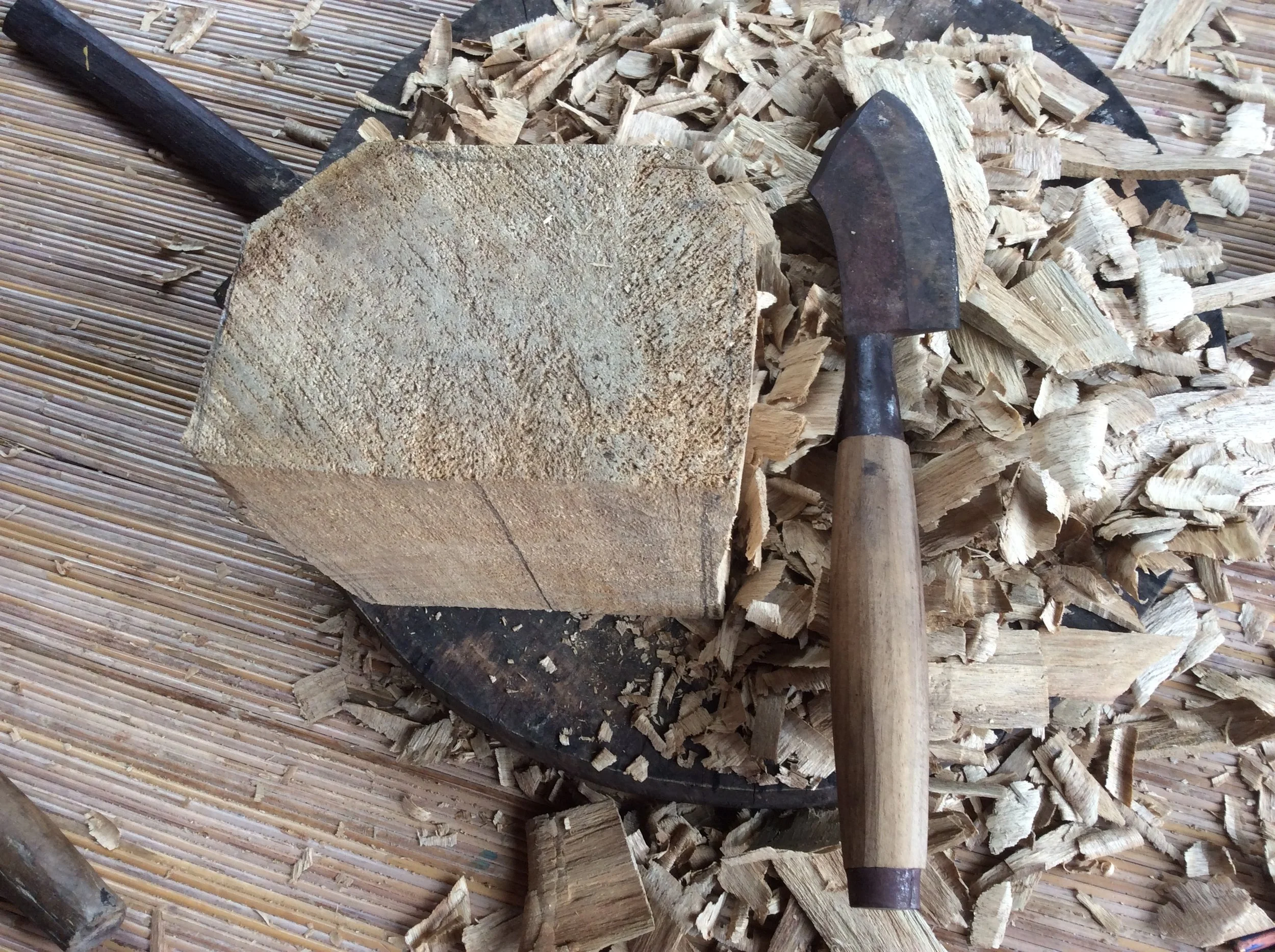 I was introduced to a couple of brand new tools. In the past carving at the weekend workshops Anom has brought us roughed out blanks. Now I got to use the layout tool, a large Balinese hatchet and an ax to try to get the piece of wood to that same roughed out state. So I spent about 8+ hours learning, or trying to learn to use these new tools. It was very humbling to say the least. It has also renewed my empathy level for new woodcarvers as well. 