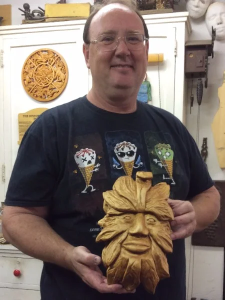 Owen finished his basswood Greenman face. The piece of wood was 4" thick, allowing for the beautiful deep relief of the overlapping leaves. 
