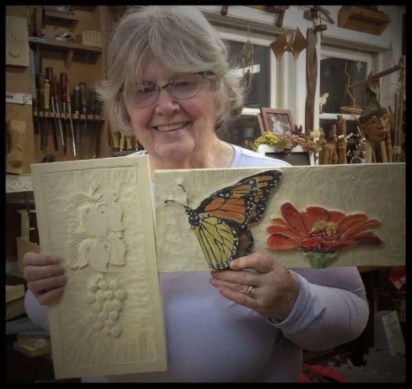 Sarah came to get some help with her woodcarving. She is an artist and taught herself to carve. She has a great eye and is totally fearless but was frustrated with some of her results. We worked together and she got through most of the steps of the Grapes and Leaves project. I was so pleased that she felt like she learned a lot from the project. Hopefully she will get to join us again but it is a long trip from Alaska.