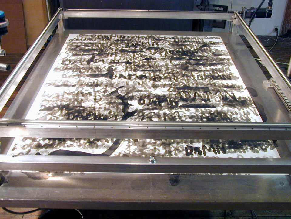   Drawing Machine, 2001,&nbsp;Aluminum, stainless steel, glass, valve, servo motors, track, computer, custom software, bearing, ink, and paper,&nbsp;92 x 94 x 94 inches  