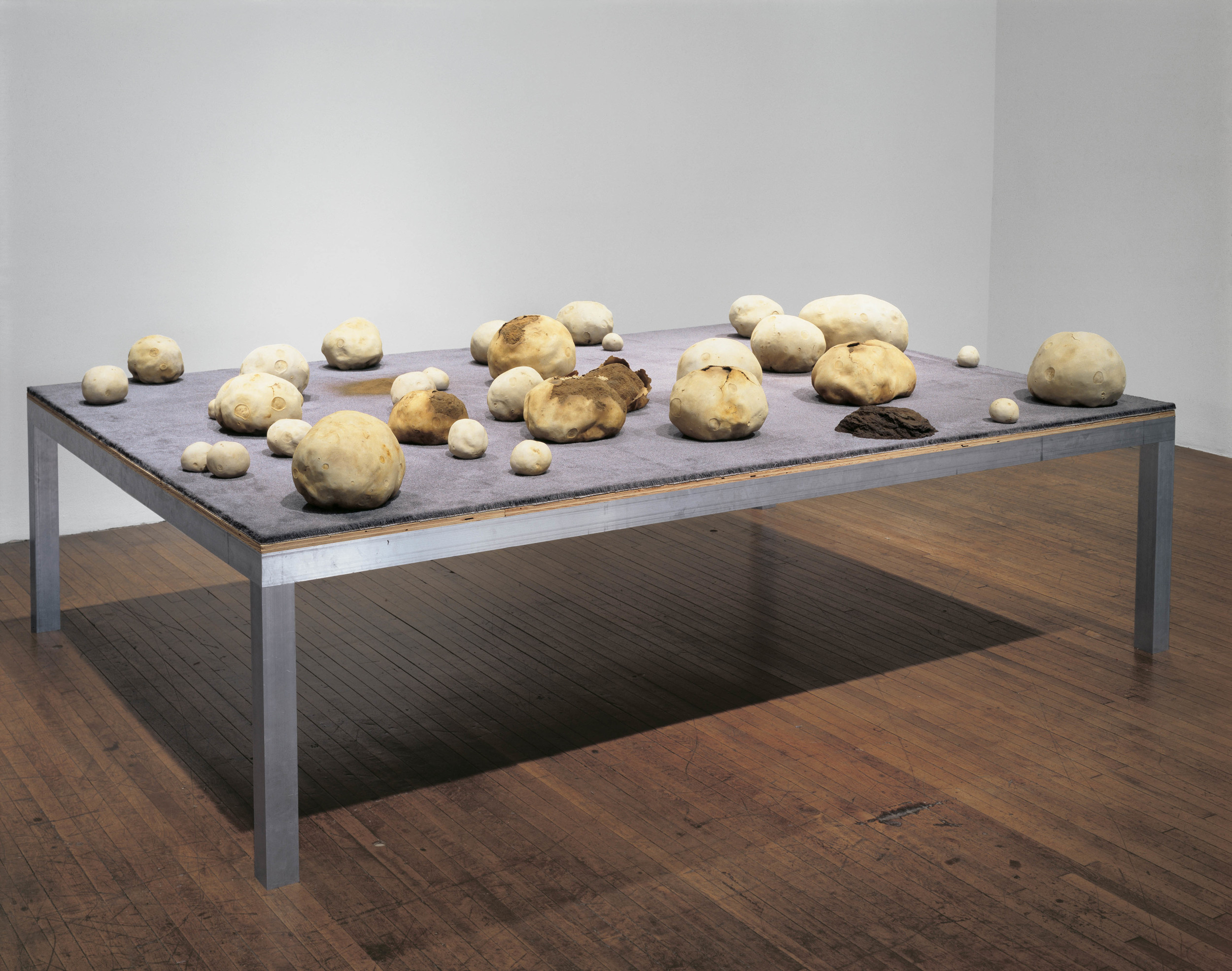  Puffball Field, 1998, Aluminum, carpet, pigment, polymer, oil and lacquer, and wood, 40 x 120 x 84 inches 