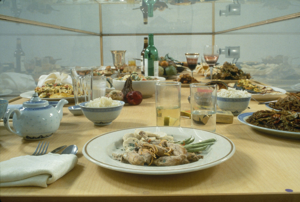  Dinner of the Dictators, 1993-1995, freeze-dried food, place settings, glass wood, dehumidifier, 427 1/4 x 118 1/2 x 50 inches 