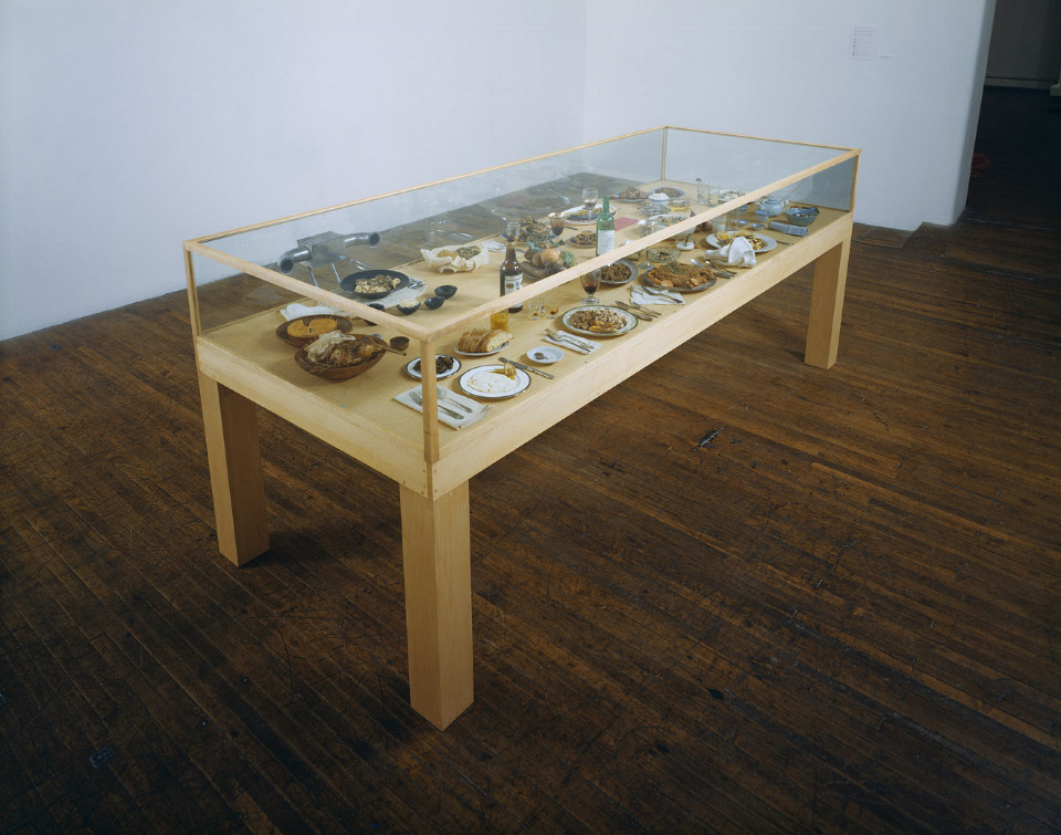 Dinner of the Dictators, 1993-1995, freeze-dried food, place settings, glass wood, dehumidifier, 427 1/4 x 118 1/2 x 50 inches 