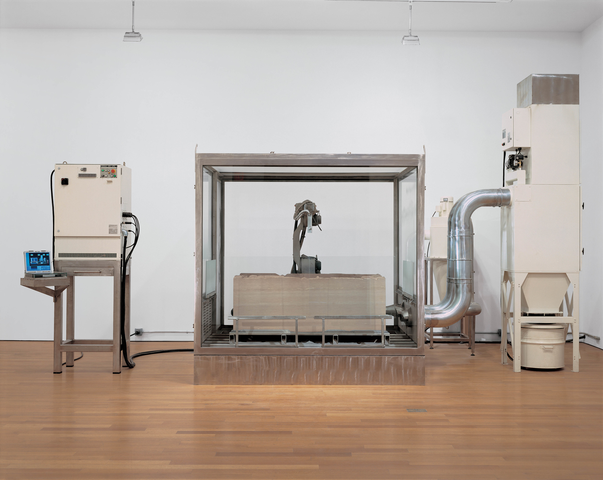  Erosion Machine, 2005, Stainless steel, rubber, felt, glass, galvanized steel, sandstone, silicon carbide, electronics, dust collector, reclaimer, computer, robot, and air, 138 x 252 x 137 inches 