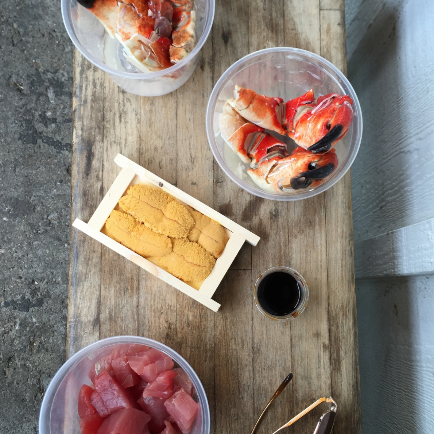 // All locally caught seafood: ahi tuna, uni, and stone crab claws.
