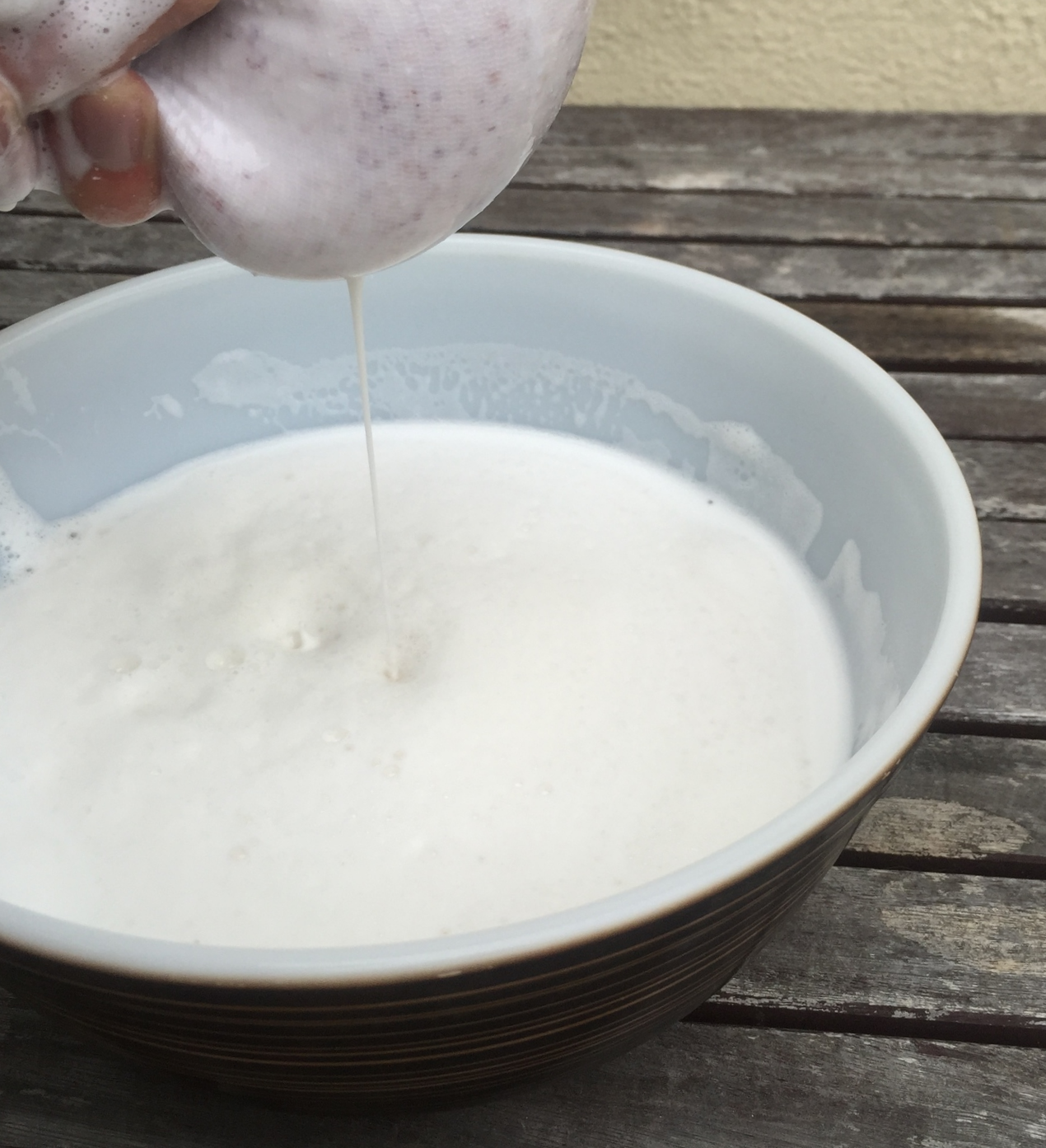 // Pour the almond milk in a mesh bag and SQUEEZE. You can buy "nut bags" but I already had produce bags in the house which worked perfectly fine and they're cheaper, too. Bonus. 