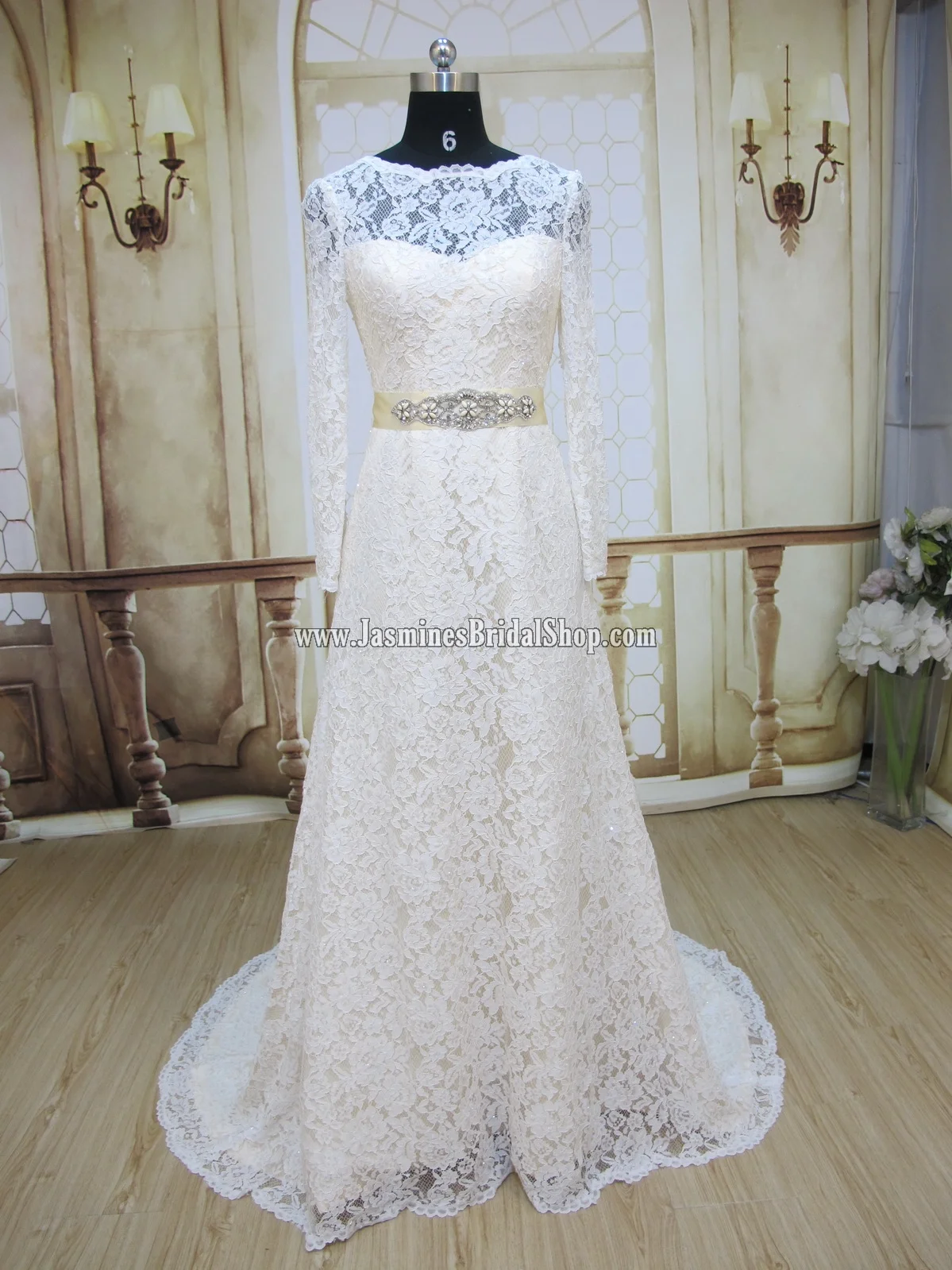 Order #3585: This remarkable dress was made in Champagne (#71) color with lace and beading in Off White (#68). Belth is made with rhinestones and light champagne beading. Customer is very satisfied with it: "I just wanted to let you know that I have received my dress and it is absolutely STUNNING and AMAZING. I love it and its everything I dreamed of in a dress. Even down to the detailing on the lace and the detail on the belt - its perfect and looks like a million dollars. "