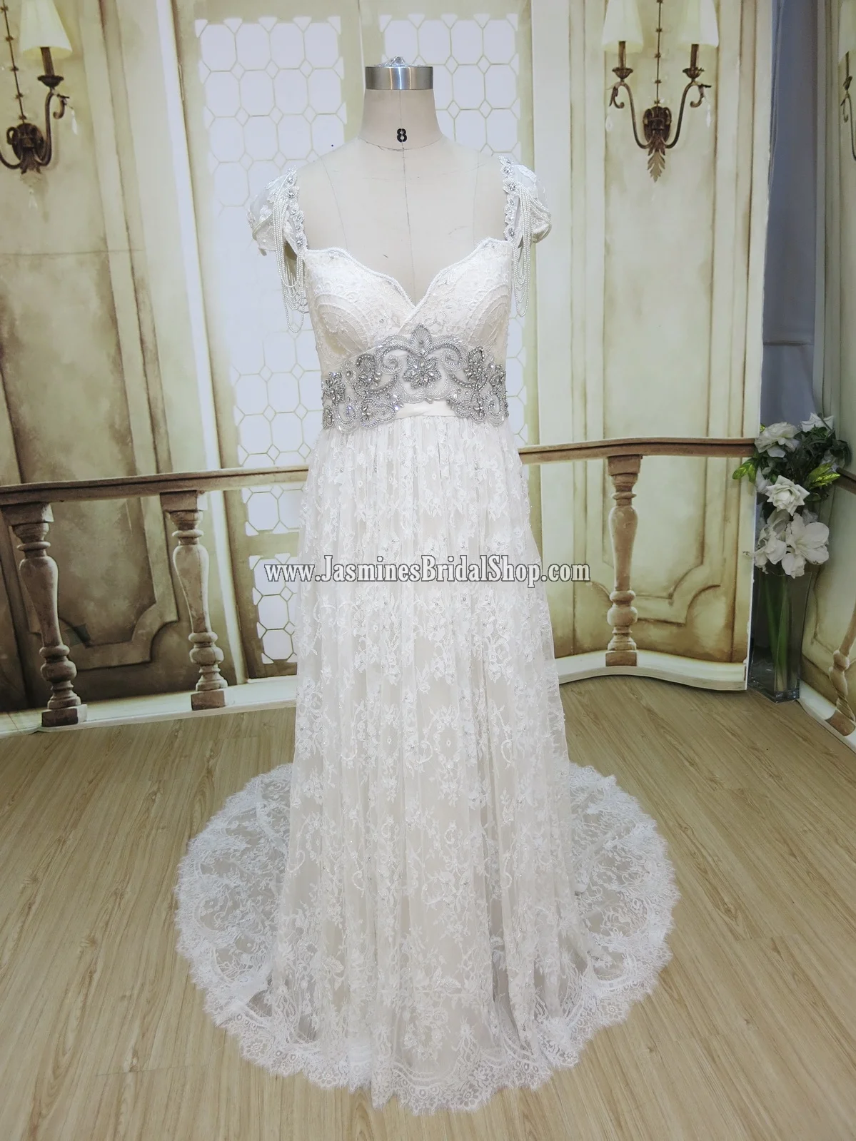 Order #3457: This delicate dress was made in Light Champagne color (#70) with lace in Off White (#69) and silver beading. Also, as opposed to the original design, customer brilliantly substituted the shoulder beading with pearls. 