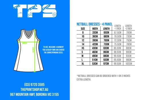 Sizing TPS Netball — The Print Shop Sportswear