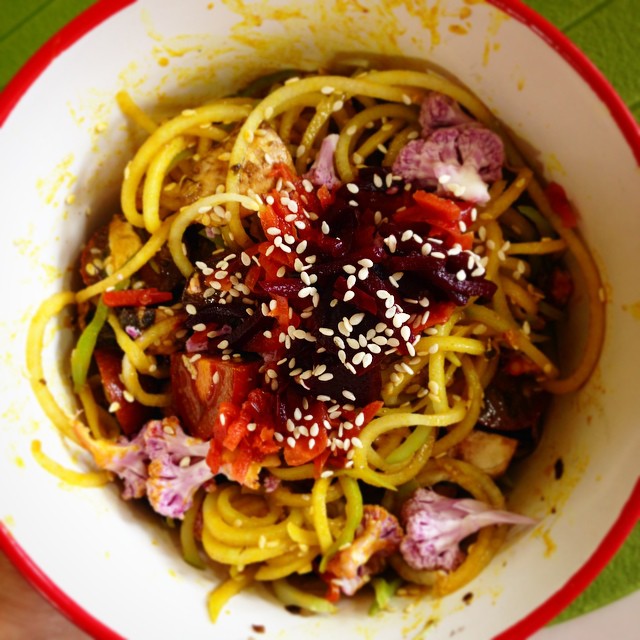 Raw Choko Noodle Salad with Asian Inspired Dressing and Fermented Kimchi