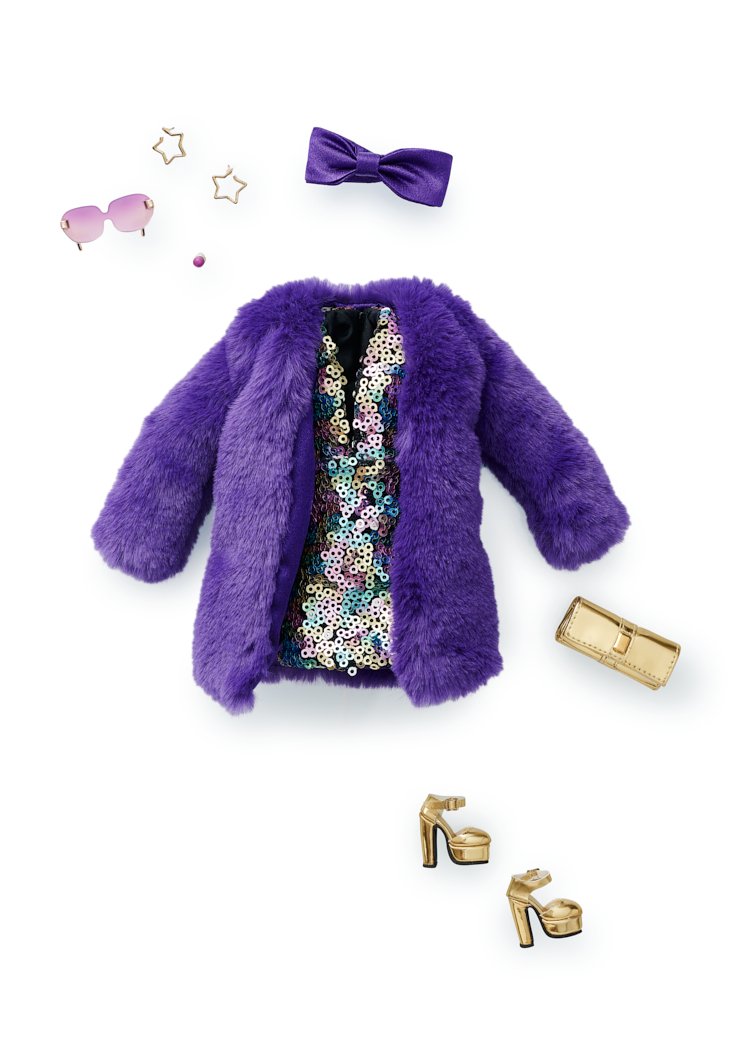 French Disco Poppy Parker Style Lab outfit - short purple fur coat over short sequin dress and accessories