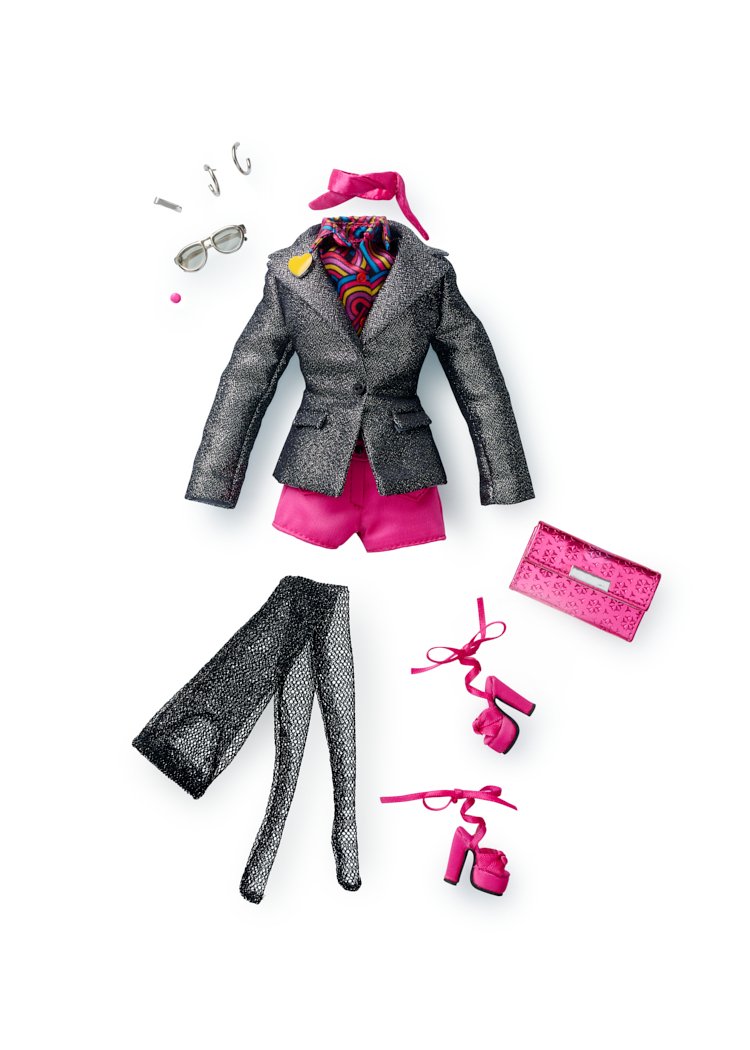 Pink Vamp Poppy Parker doll fashion consisting of a silver jacket, pink shorts and psychedelic print blouse plus accessories