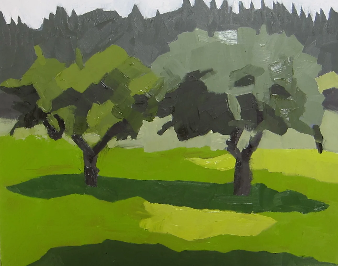 Two apple trees;  hazy day