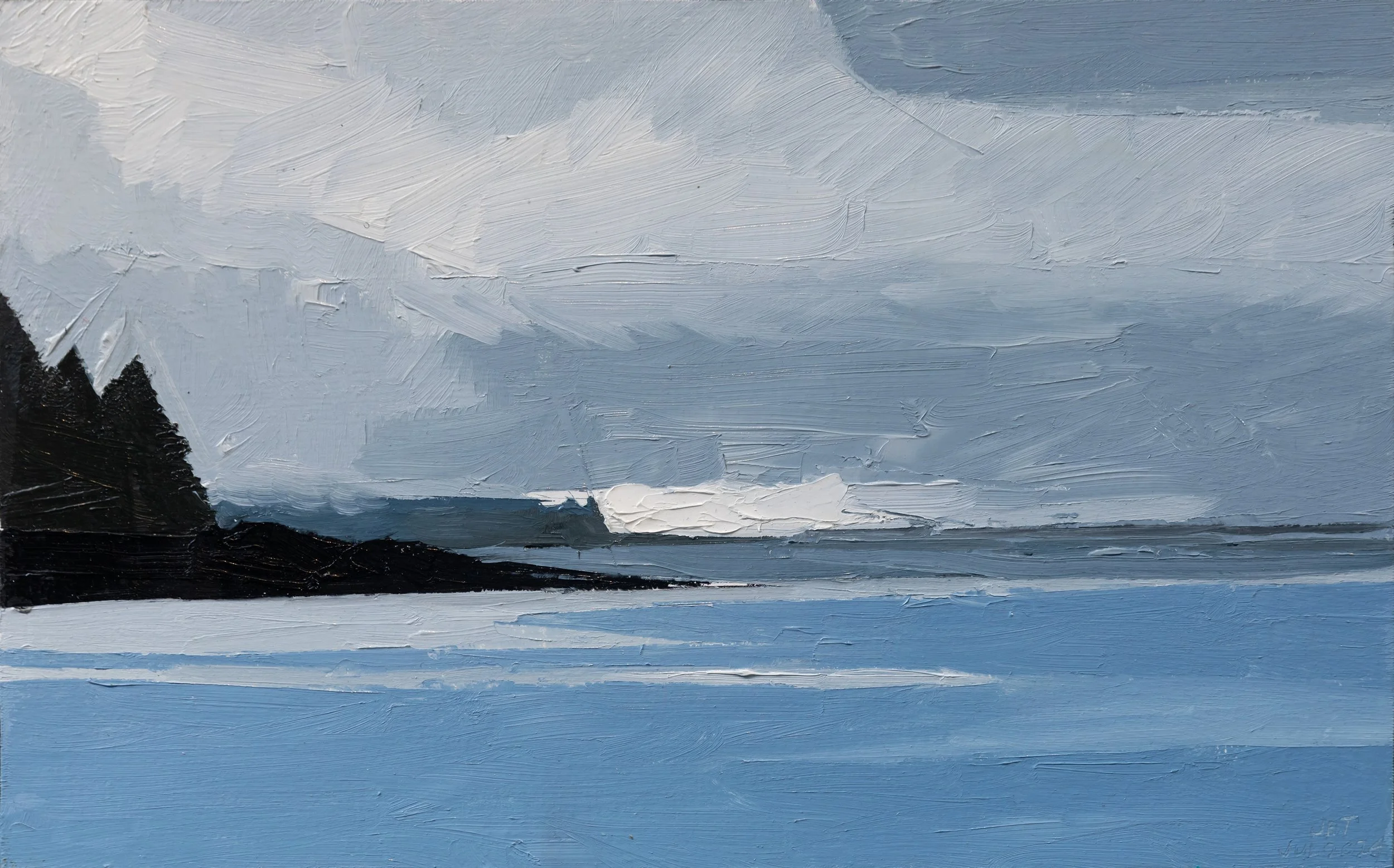 Fog in the distance, Penobscot Bay
Oil on wood panel