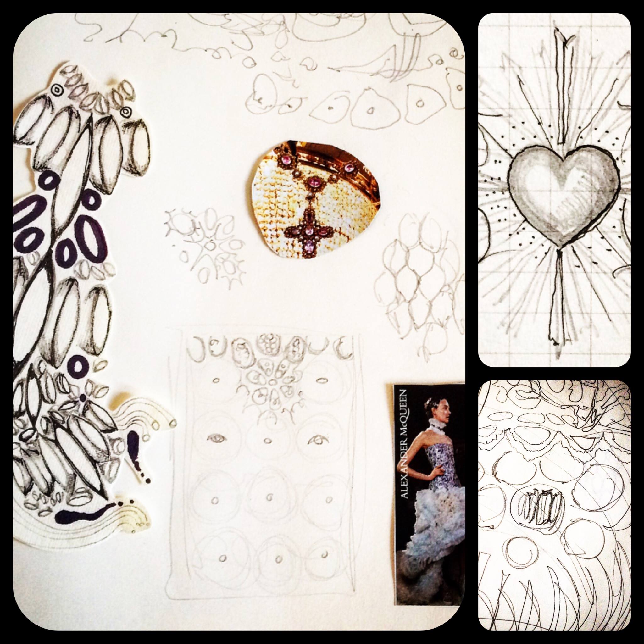 Day 1: Elements of a new design always come from everywhere and anywhere - scraps from earlier drawings, tiny doodles and zany scribbles... plus some major inspiration from the world of fashion and textile design. All of it together is like "dreamboard" for the look I want to create: my favorite part is playing around with ideas before settling on a core concept.