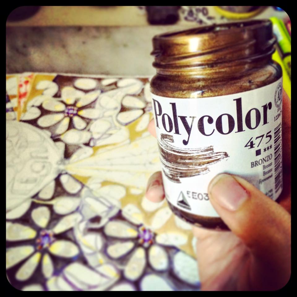   Day 10: And now for something completely different... after all the tinted layers of blue and lavender, it's time to go back over the same areas with a semi-transparent coat of the perfect shade of bronze: not too red and not too yellow. The effect