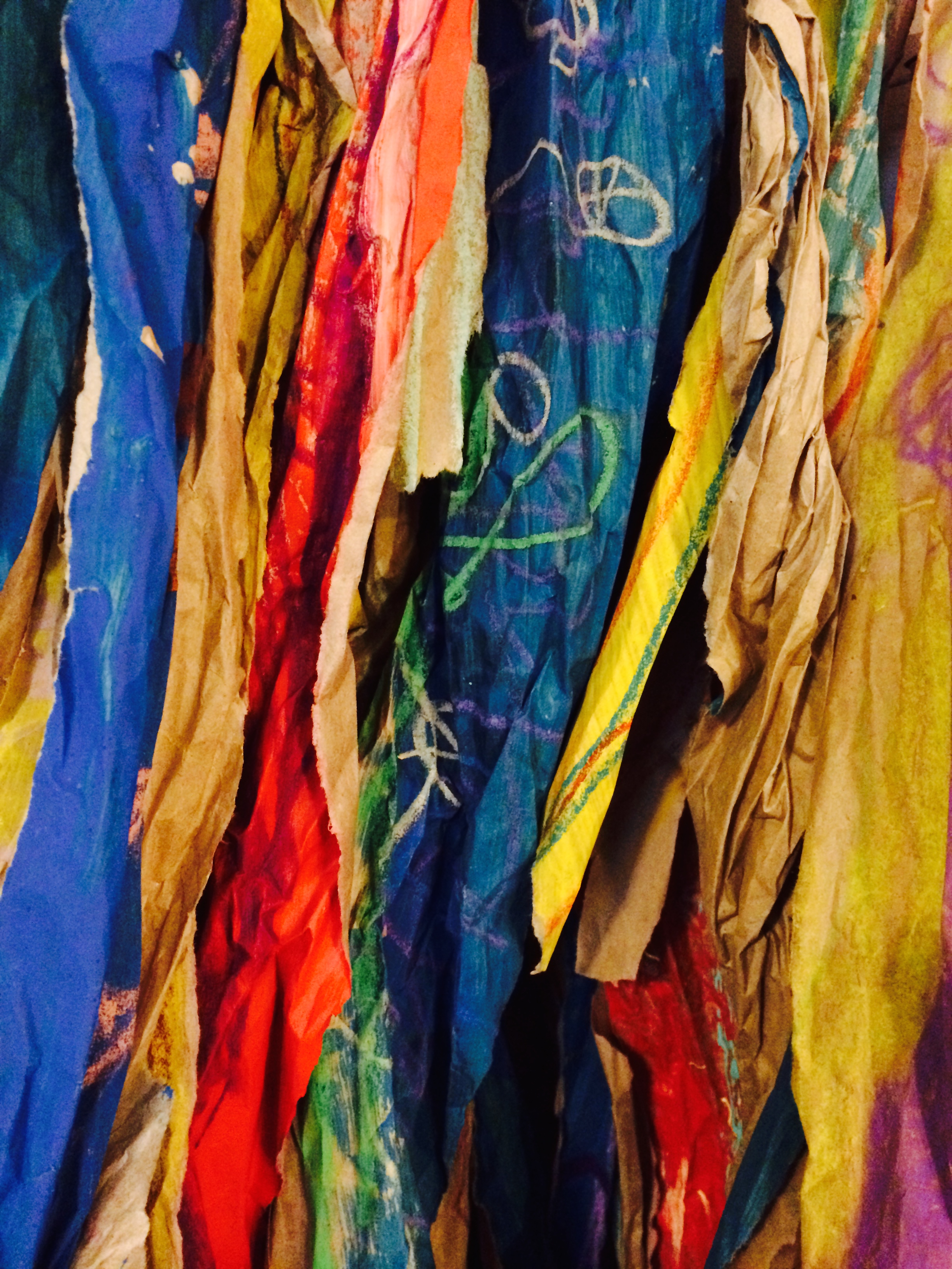 Incredible texture on the bird feathers made from old paper, pastels, paint washes! This generated lots of interest and their was a sort of assembly line of feather makers at work. (No photos because Melissa, who normally documents, was away.)