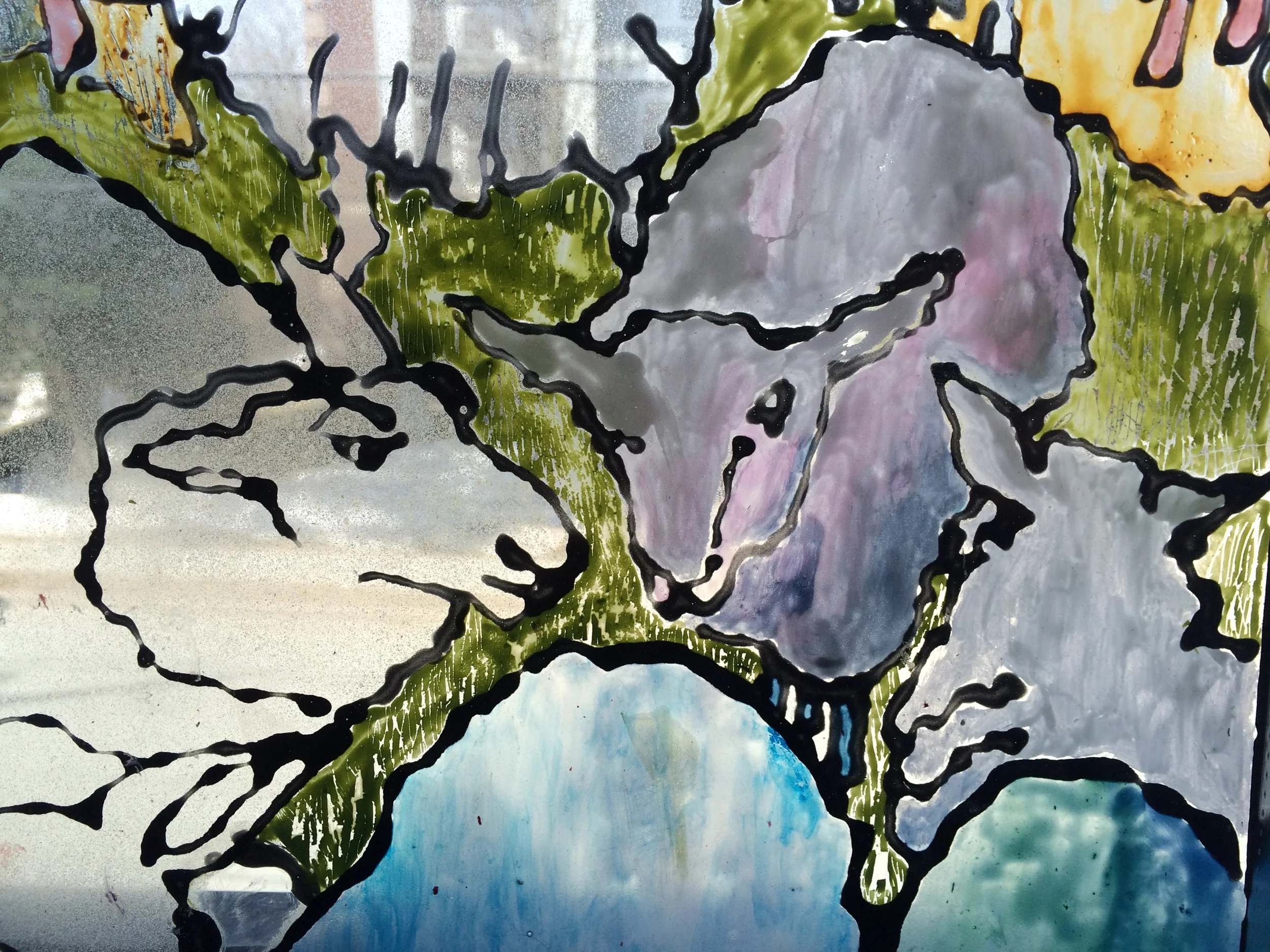 DIY stain glass experiments! Prototype to test different mixtures of acrylic and glue combinations on donated glass samples from Fowler Bauld & Mitchell architects in Halifax. These sheep are for our board member, Gillian: it's lamb season!