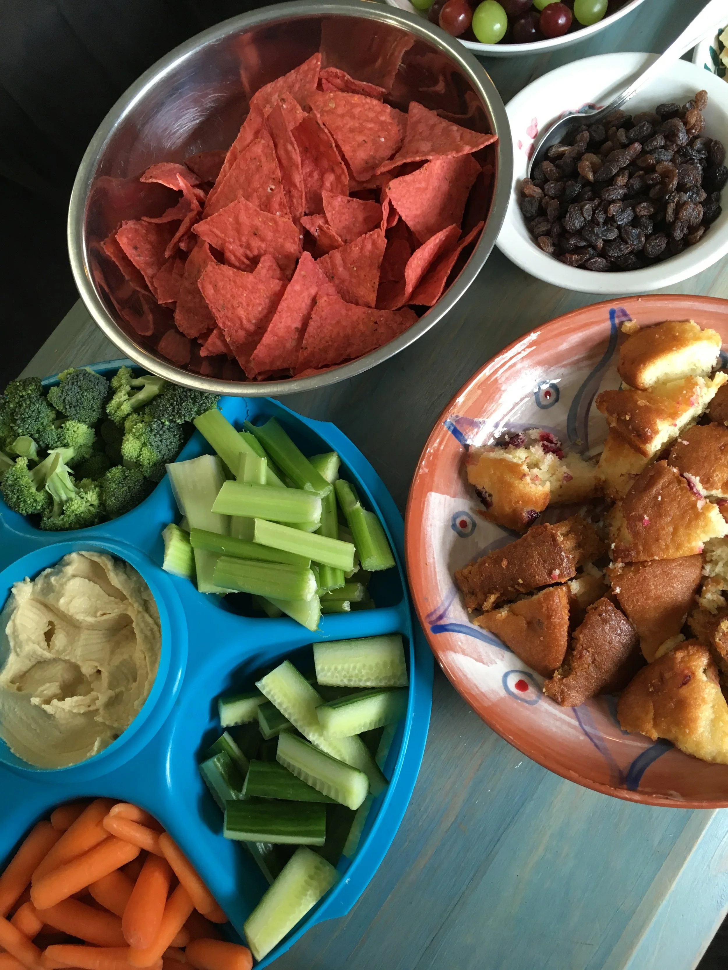 Our usual selection of fresh veggies and dip, plus other healthy snacks! This is one of our favourite offerings. 
