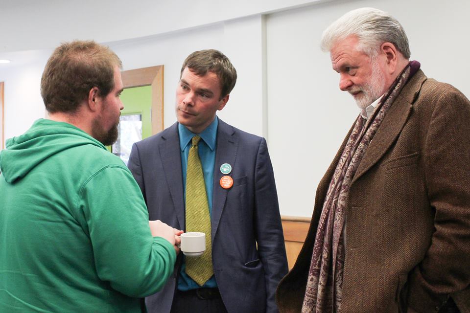 NDP candidate Spencer Chandra Herbert and The West End Journal editor Kevin Dale McKeown with a forum attendee. 