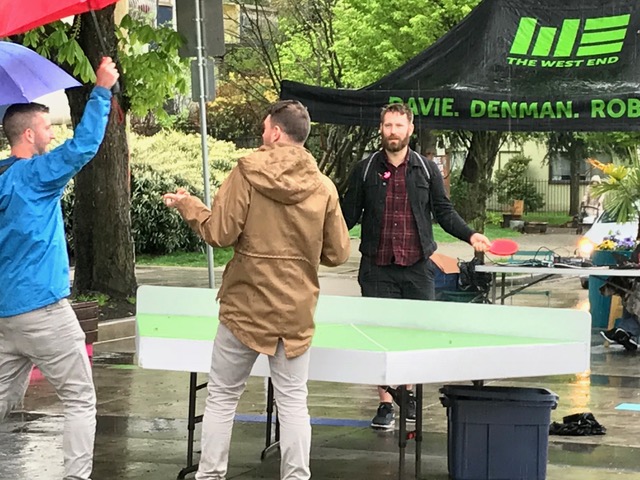 A little rain won't stop a good round of table tennis at Jim Deva Plaza! (John Streit Photo)