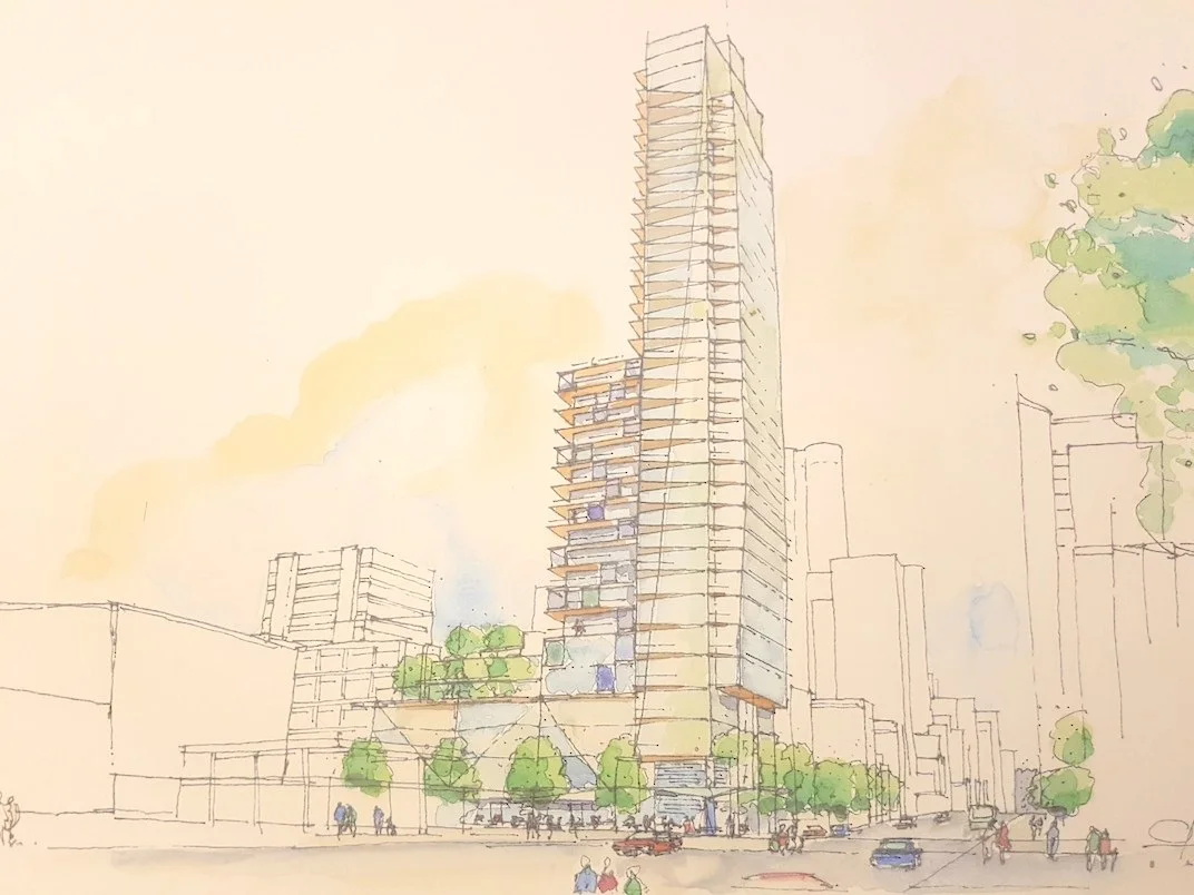 The future of the corner of Burrard and Davie, currently a community garden.