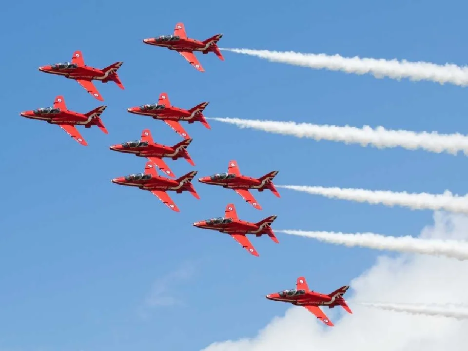 The Royal Air force Red Arrows were seen over the West End.