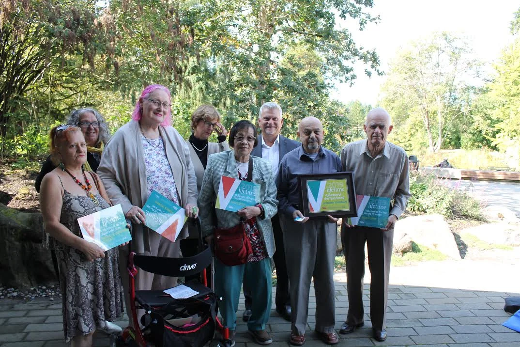 Pamela Leaman (third from left) and Vladimir Tsvasman (second from right) with other finalists for this year’s Senior Volunteer of the Year Award. (photo by Abbie Purdy of the West End Senior’s Network)