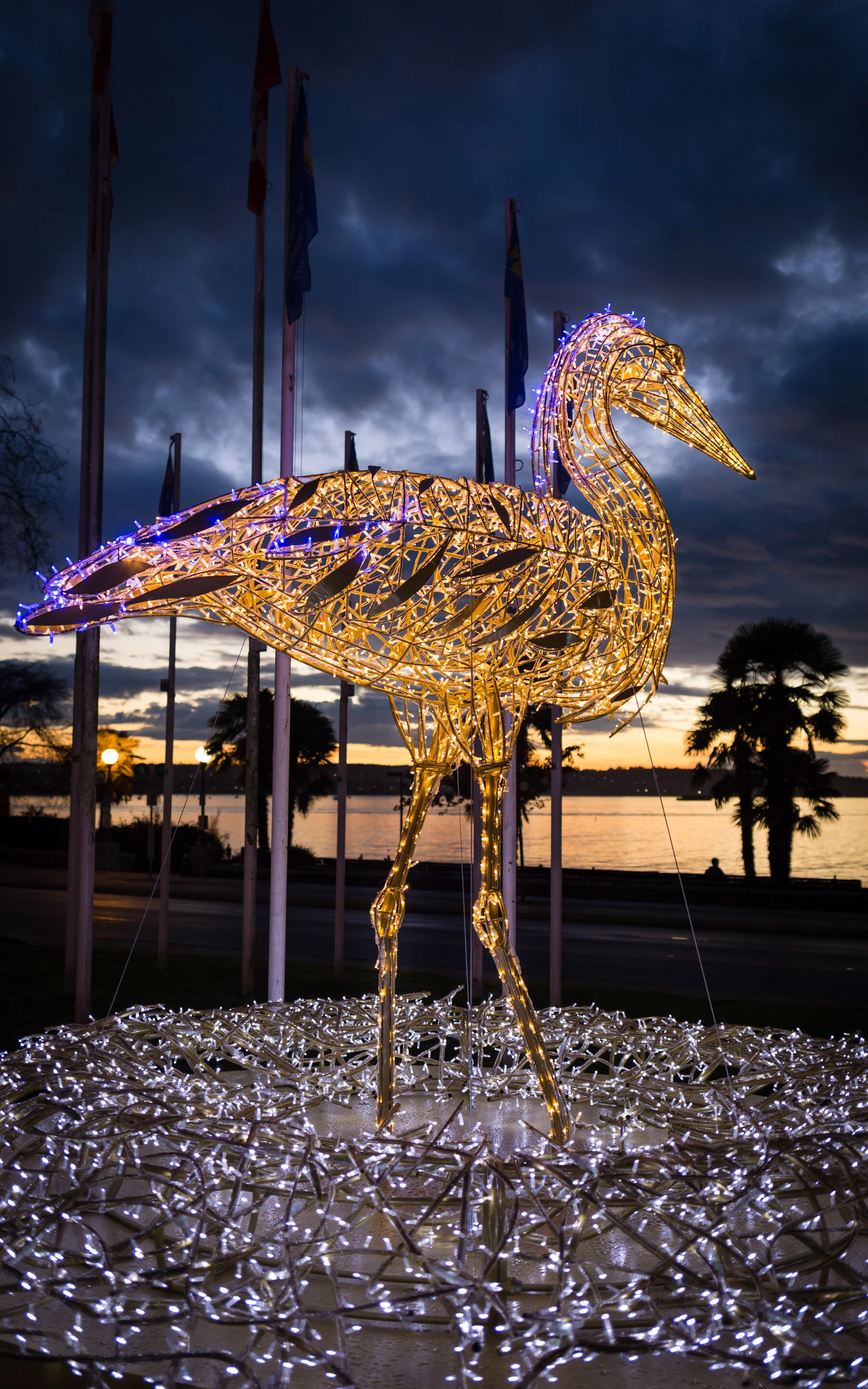 “Stanley” named for Great Blue Herons that roost in Stanley Park, will be a Lumiere feature at English Bay (by MK Illumination)